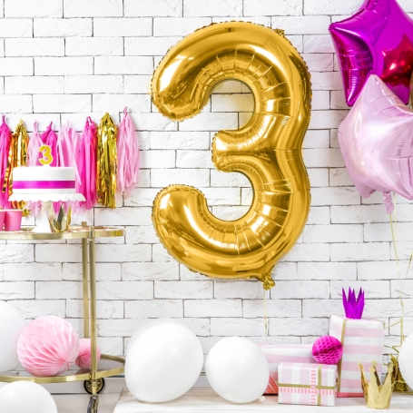 PartyDeco Fóliový balón Číslo 3 zlatý 86cm {PRODUCT_REFERENCE}-1