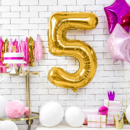PartyDeco Fóliový balón Číslo 5 zlatý 86cm FB1M-5-019-1