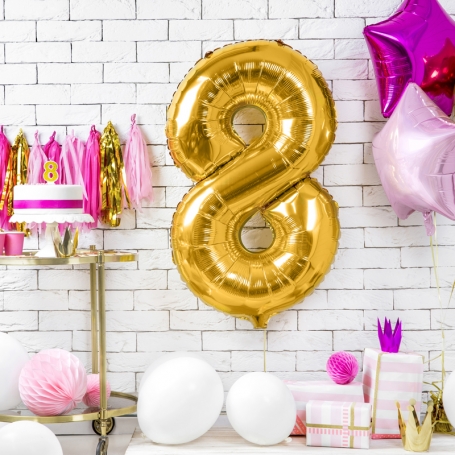 PartyDeco Fóliový balón Číslo 8 zlatý 86cm FB1M-8-019-1