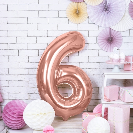 PartyDeco Fóliový balón Číslo 6 ružové zlato 86cm FB1M-6-019R-1