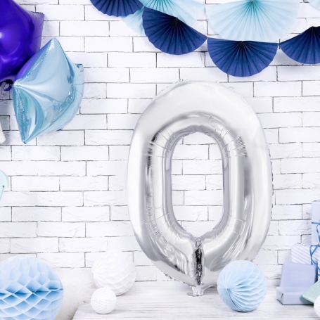 PartyDeco Fóliový balón Číslo 0 strieborný 86cm FB1M-0-018-1