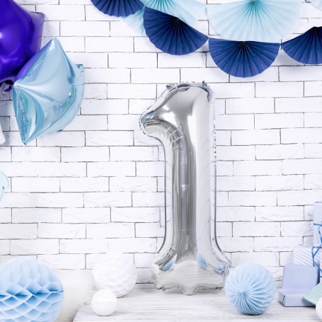 PartyDeco Fóliový balón Číslo 1 strieborný 86cm FB1M-1-018-1