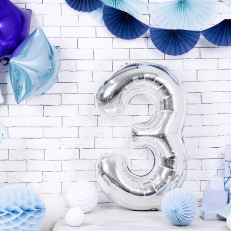 PartyDeco Fóliový balón Číslo 3 strieborný 86cm FB1M-3-018-1