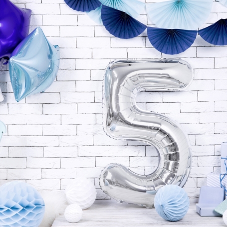 PartyDeco Fóliový balón Číslo 5 strieborný 86cm FB1M-5-018-1