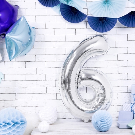PartyDeco Fóliový balón Číslo 6 strieborný 86cm FB1M-6-018-1