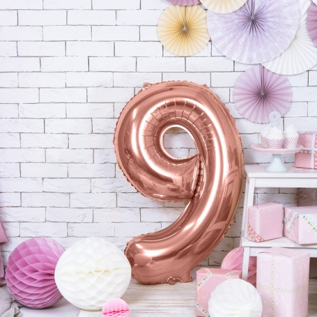 PartyDeco Fóliový balón Číslo 9 ružové zlato 86cm FB1M-9-019R-1