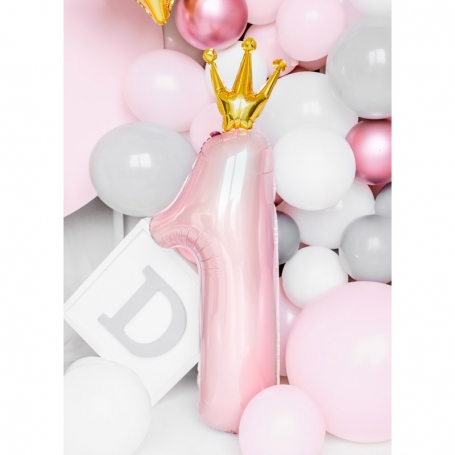 PartyDeco Fóliový balón Číslo 1 s korunkou bledo ružový 100cm FB87M-081J-1