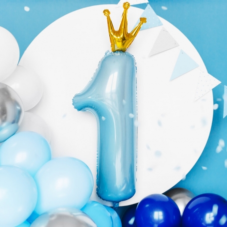 PartyDeco Fóliový balón Číslo 1 s korunkou bledo modrý 100cm FB87M-011-1