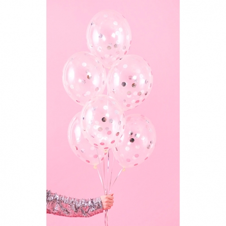 PartyDeco Balóny so striebornými konfetami 30cm 6ks BK12-3-018-6-1